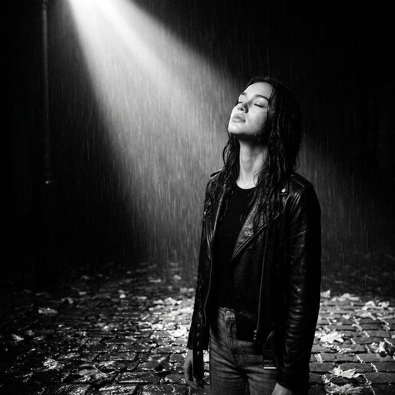 Nova Rai in a leather jacket with her eyes closed under a shaft of street light full of rain, in black and white