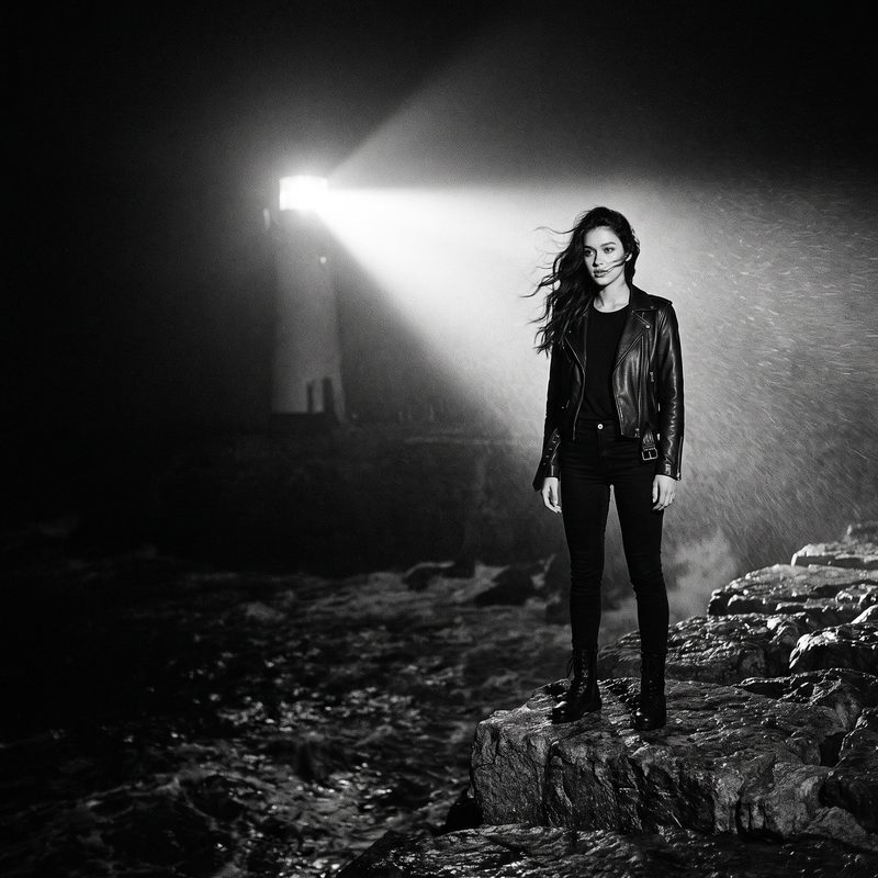 Nova Rai on the rocks of a stormy sea wall at night, a lighthouse beam falling on her, in black and white