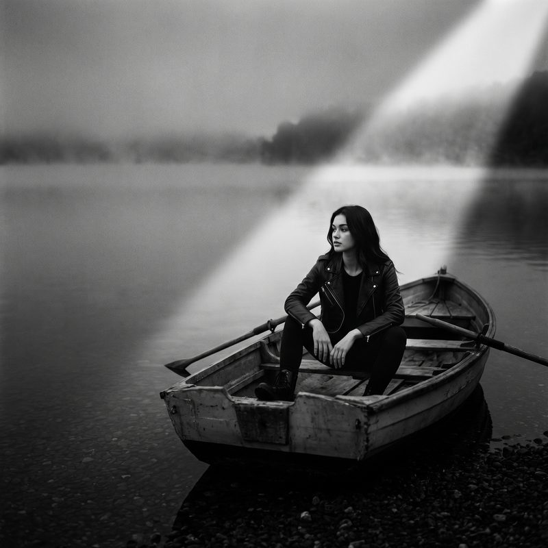 Nova Rai sitting in a small wooden rowing boat on a misty lake, a beam of sunlight across the water, in black and white